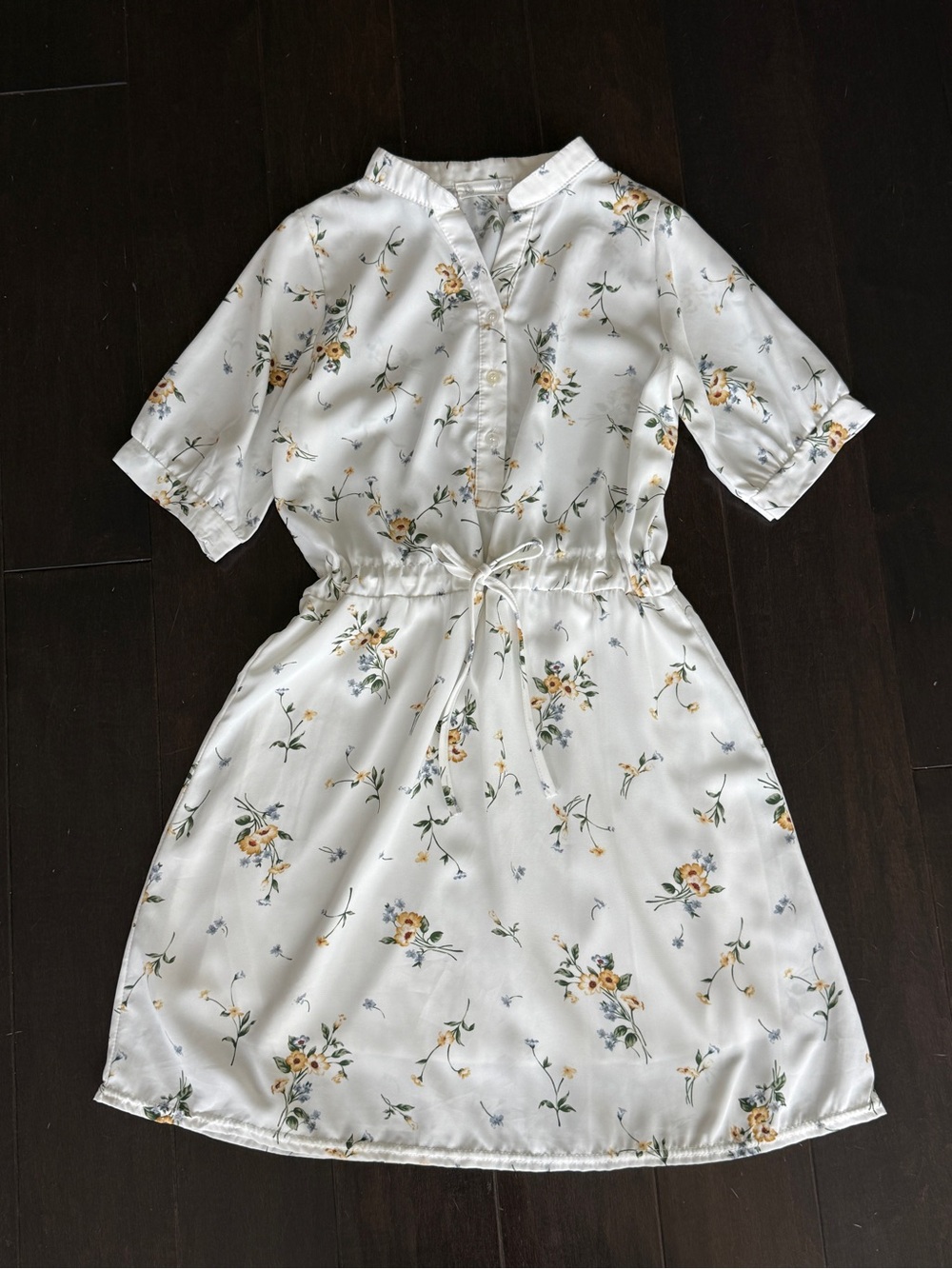 White Floral Drawstring Waist Dress